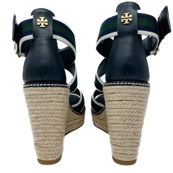 Tory Burch Frieda Green Navy White Stripe Canvas Leather Espadrilles size 9.5 - Picture 5 of 13